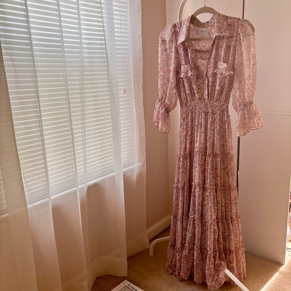 MISA Los Angeles Blush Pink Floral Maxi Dress XS Tiered Puff Sleeve Boho Prairie - Picture 3 of 7